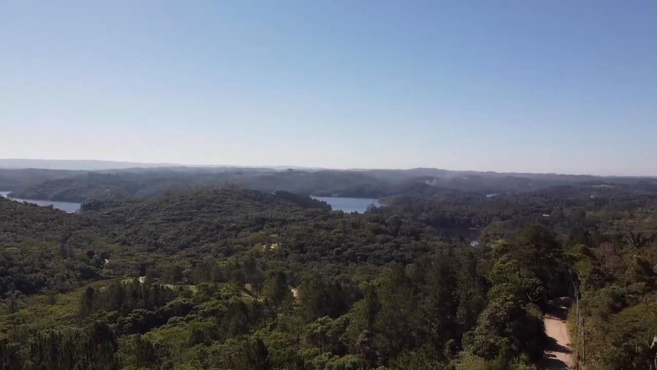 Vista aérea da mata fechada com a represa da Cachoeira do França ao fundo